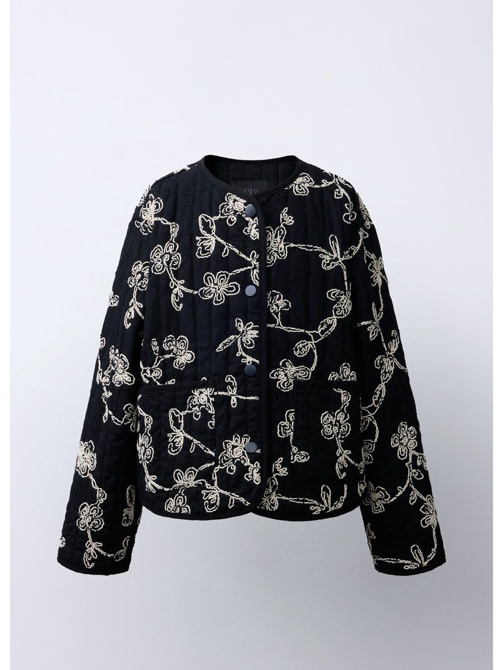 Zara Girls Black Quilted Jacket with Cream Floral Embroidery Sz 13-14 SOLD OUT